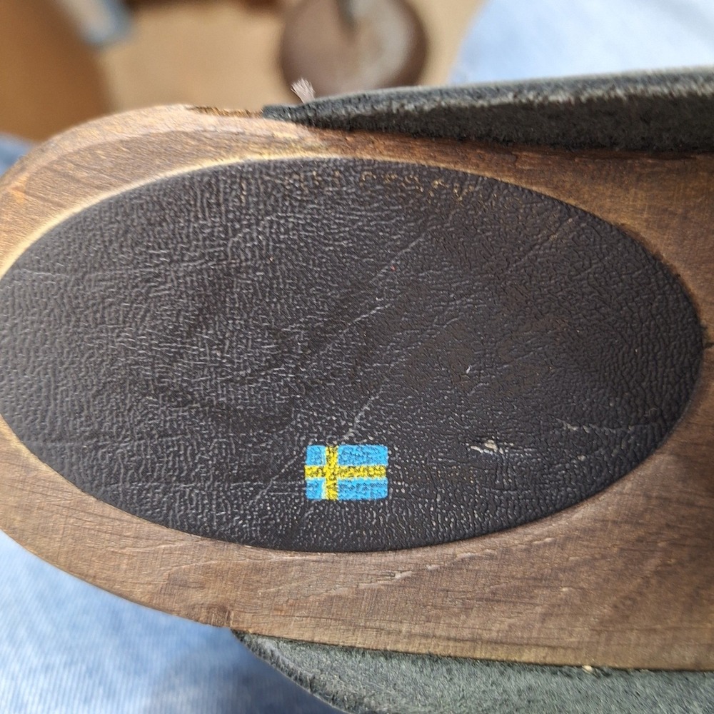 Swedish Hasbeens Black Leather Wooden Clogs Mules Size 7.5 Slip On Platform Shoe - Picture 5 of 7